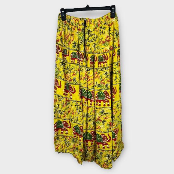 Tropical Bohemian Yellow Tribal Elephant Print Elastic Waist Midi Skirt XS/S - Picture 1 of 6